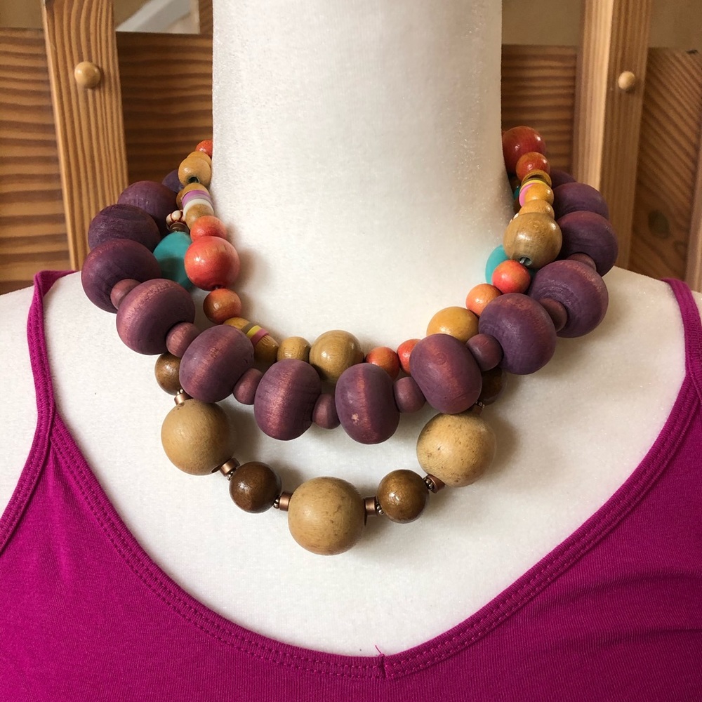 3 Boho Wood Bead Necklaces